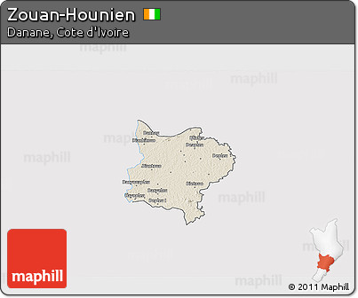 Shaded Relief 3D Map of Zouan-Hounien, single color outside