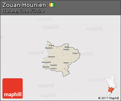 Shaded Relief 3D Map of Zouan-Hounien, single color outside
