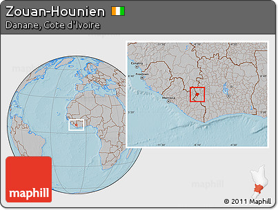 Gray Location Map of Zouan-Hounien, hill shading