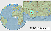 Savanna Style Location Map of Zouan-Hounien, within the entire country, hill shading
