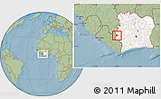 Savanna Style Location Map of Zouan-Hounien, highlighted country, hill shading