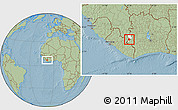 Savanna Style Location Map of Zouan-Hounien, highlighted parent region, hill shading