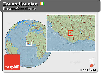 Savanna Style Location Map of Zouan-Hounien, hill shading