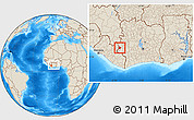 Shaded Relief Location Map of Zouan-Hounien, within the entire country