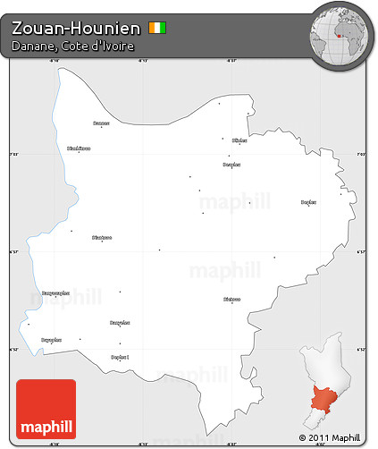 Silver Style Simple Map of Zouan-Hounien, single color outside