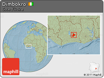 Savanna Style Location Map of Dimbokro, hill shading