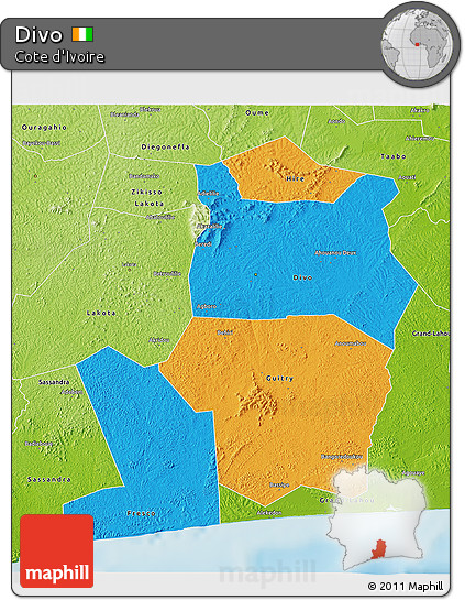 Political 3D Map of Divo, physical outside