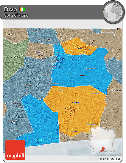 Political 3D Map of Divo, semi-desaturated
