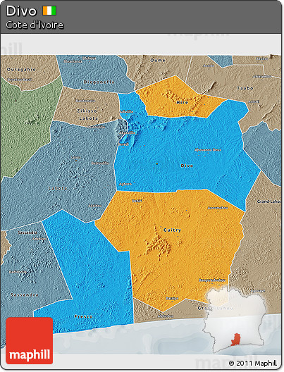 Political 3D Map of Divo, semi-desaturated