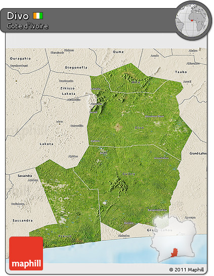 Satellite 3D Map of Divo, shaded relief outside
