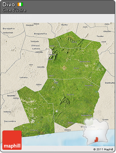 Satellite 3D Map of Divo, shaded relief outside