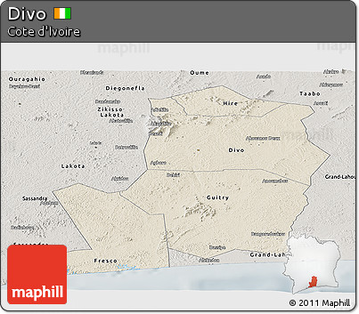 Shaded Relief Panoramic Map of Divo, semi-desaturated