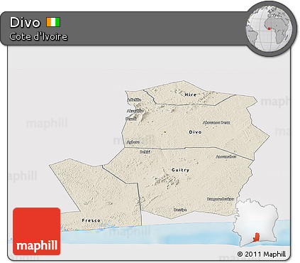 Shaded Relief Panoramic Map of Divo, single color outside