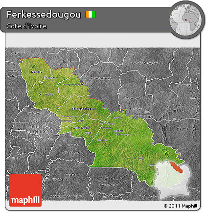 Satellite 3D Map of Ferkessedougou, desaturated