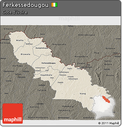 Shaded Relief 3D Map of Ferkessedougou, darken