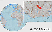 Gray Location Map of Ferkessedougou, within the entire country, hill shading