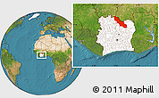 Satellite Location Map of Ferkessedougou, highlighted country, within the entire country