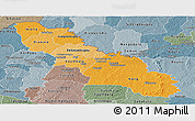 Political Shades Panoramic Map of Ferkessedougou, semi-desaturated