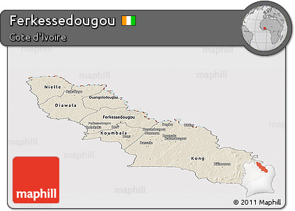 Shaded Relief Panoramic Map of Ferkessedougou, cropped outside