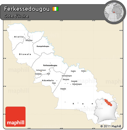 Classic Style Simple Map of Ferkessedougou, single color outside