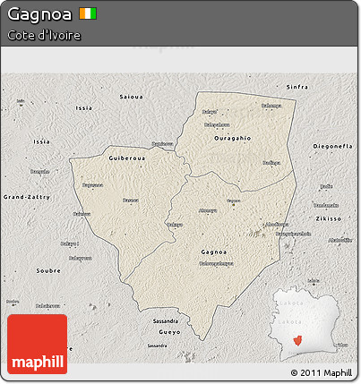 Shaded Relief 3D Map of Gagnoa, semi-desaturated