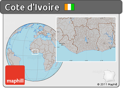 Gray Location Map of Cote D'Ivoire, hill shading inside