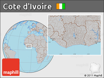 Gray Location Map of Cote D'Ivoire, hill shading inside