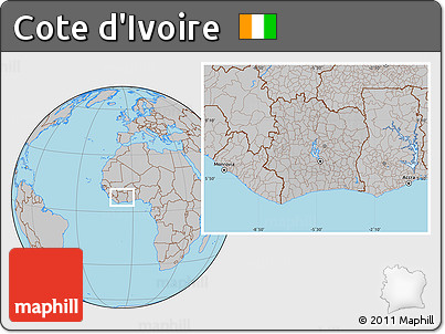 Gray Location Map of Cote D'Ivoire, hill shading inside