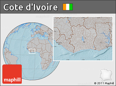 Gray Location Map of Cote D'Ivoire, hill shading outside