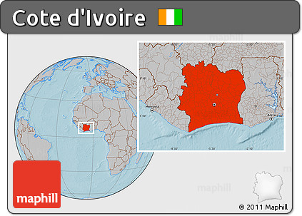 Gray Location Map of Cote D'Ivoire, hill shading
