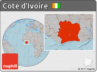 Gray Location Map of Cote D'Ivoire, hill shading