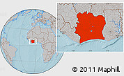 Gray Location Map of Cote d'Ivoire, hill shading
