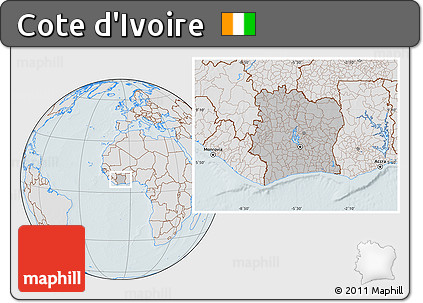 Gray Location Map of Cote D'Ivoire, lighten, hill shading