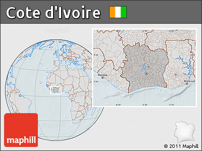 Gray Location Map of Cote D'Ivoire, lighten, hill shading