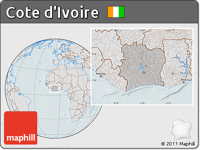 Gray Location Map of Cote D'Ivoire, lighten, hill shading