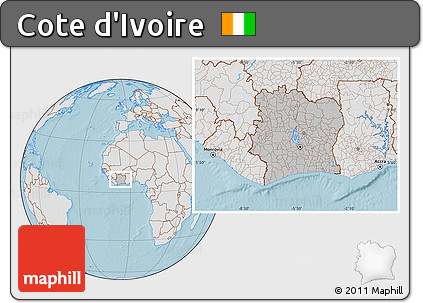 Gray Location Map of Cote D'Ivoire, lighten, land only, hill shading