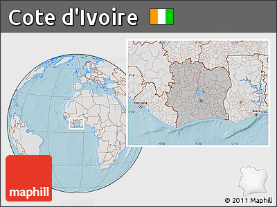 Gray Location Map of Cote D'Ivoire, lighten, land only, hill shading