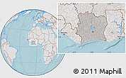 Gray Location Map of Cote d'Ivoire, lighten, land only, hill shading