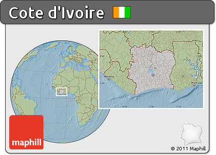 Gray Location Map of Cote D'Ivoire, savanna style outside, hill shading outside