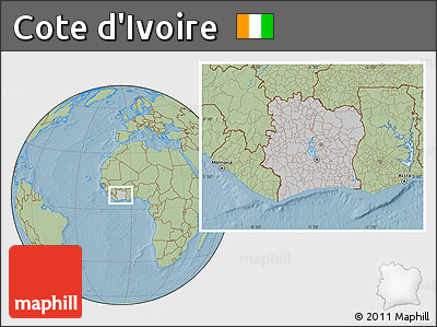 Gray Location Map of Cote D'Ivoire, savanna style outside, hill shading outside