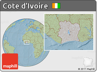Gray Location Map of Cote D'Ivoire, savanna style outside, hill shading outside