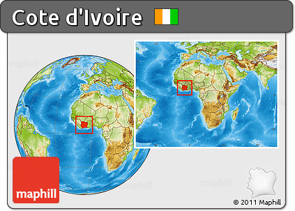 Physical Location Map of Cote D'Ivoire, within the entire continent