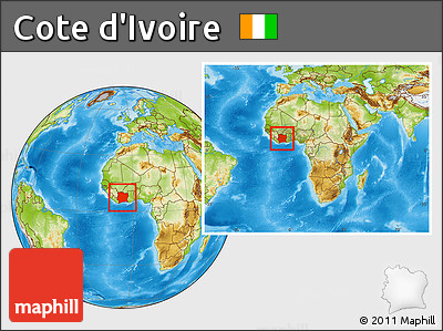 Physical Location Map of Cote D'Ivoire, within the entire continent