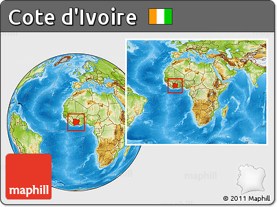 Physical Location Map of Cote D'Ivoire, within the entire continent