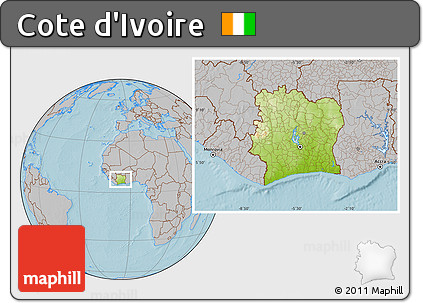Physical Location Map of Cote D'Ivoire, gray outside, hill shading