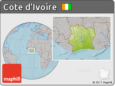 Physical Location Map of Cote D'Ivoire, gray outside, hill shading
