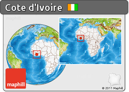 Physical Location Map of Cote D'Ivoire, highlighted continent, within the entire continent