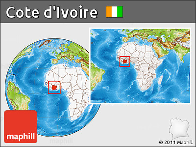 Physical Location Map of Cote D'Ivoire, highlighted continent, within the entire continent