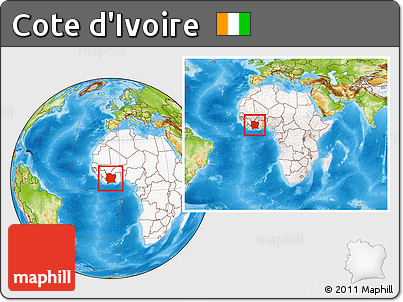 Physical Location Map of Cote D'Ivoire, highlighted continent, within the entire continent