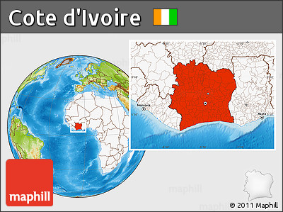 Physical Location Map of Cote D'Ivoire, highlighted continent